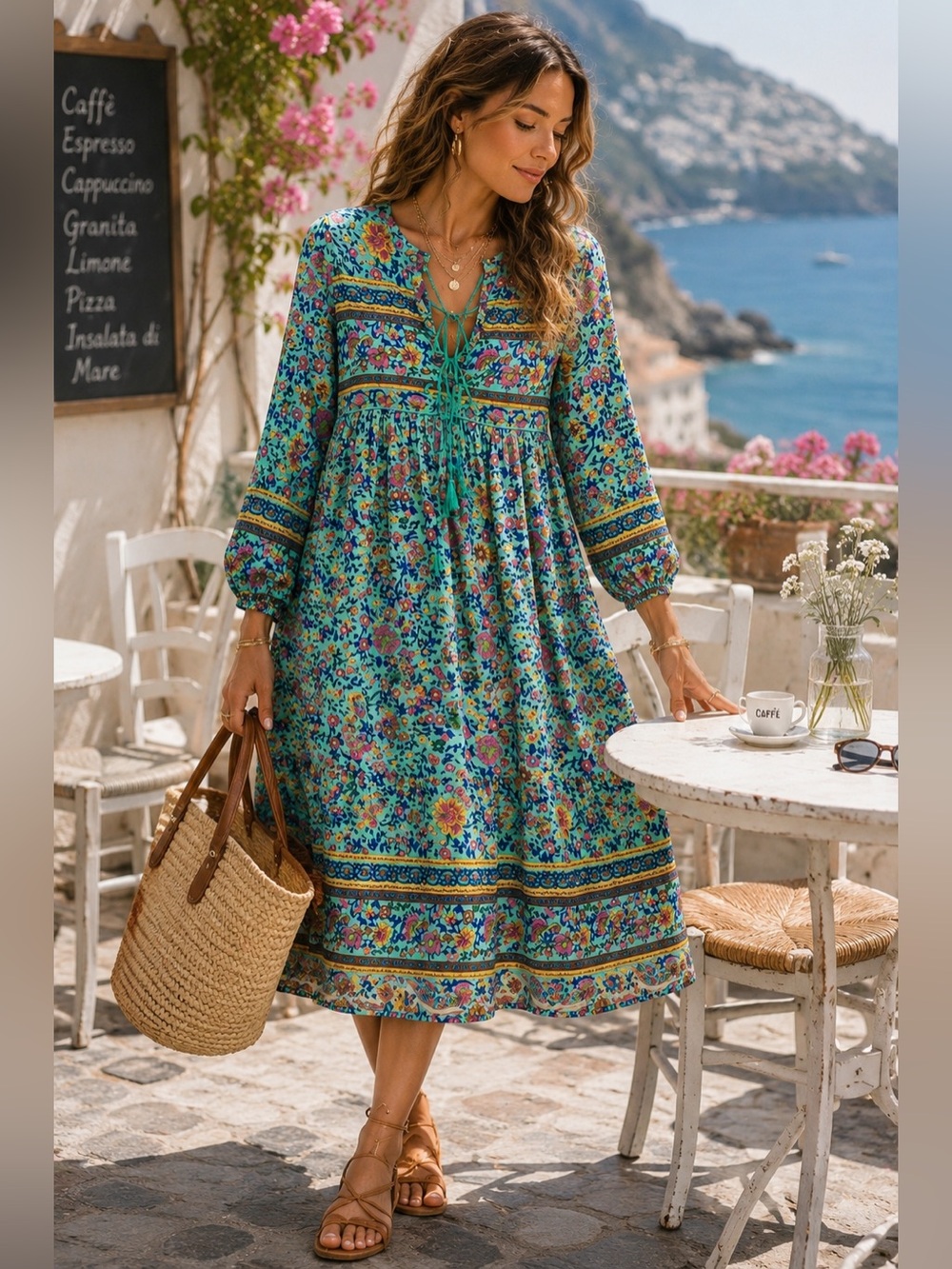 R Vivimos Boho Floral Midi Dress Womens M Teal Tassel Tie V Neck NWT Peasant A4 - Picture 4 of 15